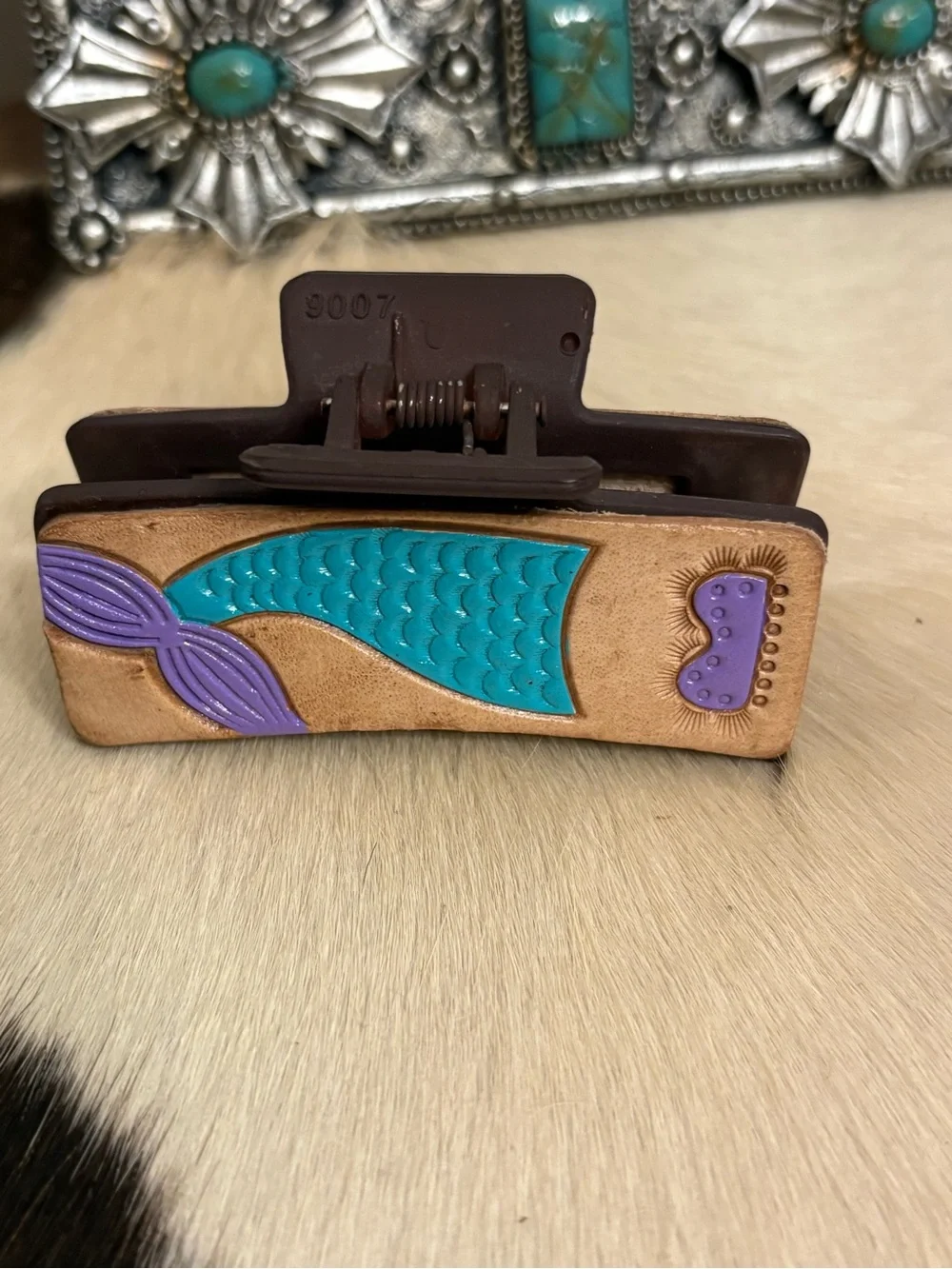 Mermaid Leather Hair Claw Clip in Turquoise & Purple